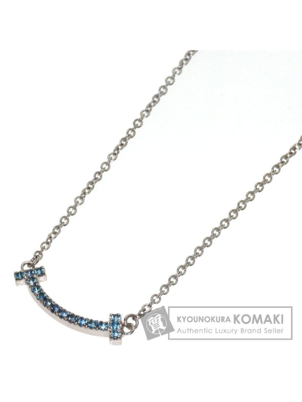 Tiffany & Co T Smile Mini Blue Topaz Necklace 18k White Gold